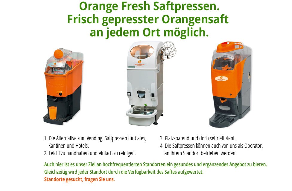 Orange Fresh Saftpressen. Frisch gepresster Orangensaft an jedem Ort möglich