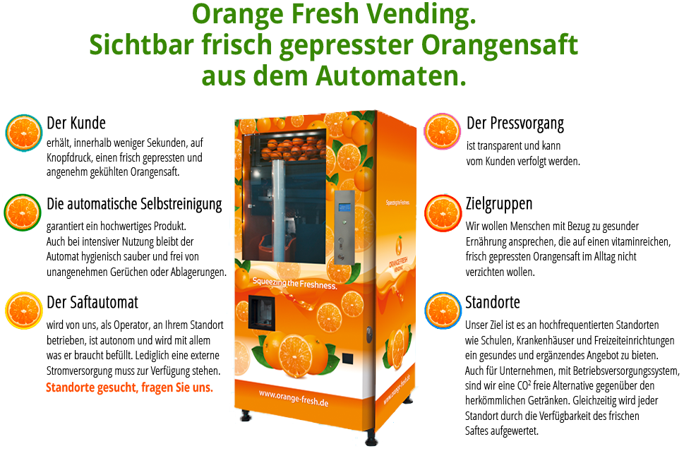 Orange Fresh Vending. Sichtbar frisch gepresster Orangensaft aus dem Automaten.